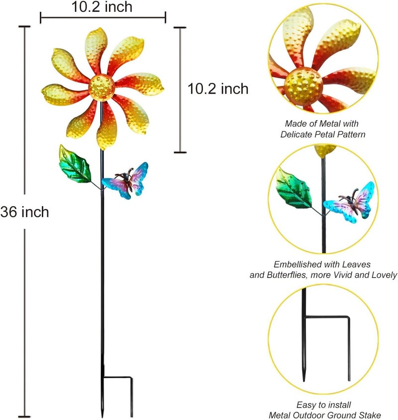 Senflame Metal Outdoor Flower Wind Spinner with Yellow Floral & Blue Butterfly, Decorative Kinetic Wind Sculpture for Yard, Garden, Patio, Lawn - Vibrant Garden Art & Lawn Ornament for Outdoor Decor - Image 3